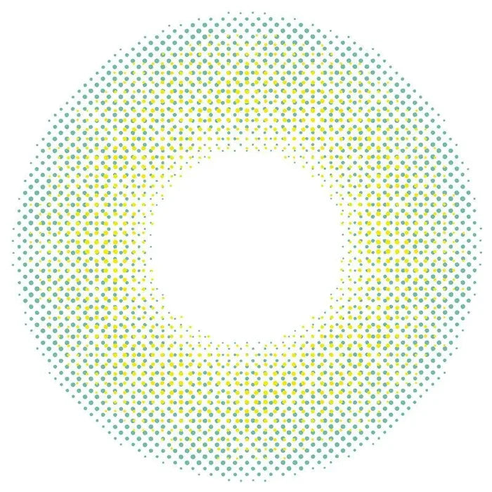 A ring of small green and yellow dots forms a circular pattern with a white center, similar to N's Collection Saba Teishoku Green contacts, creating a gradient from dense edges to sparse dots near the middle.