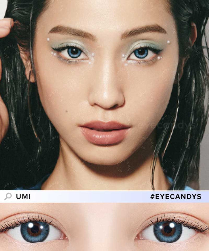 A woman wears N's Collection Umi Blue (10pk) colored contacts, green eyeshadow, white eyeliner, small white dots above her eyebrows, and glossy pink lips. Below is a close-up of her eyes with the daily disposable blue lenses from N's Collection.