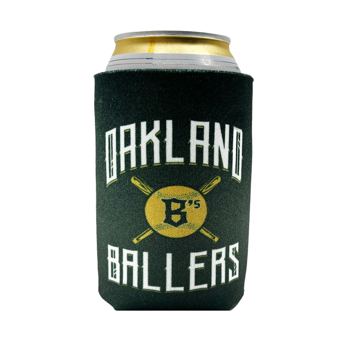 Here is a rewritten version of the sentence using the given product data:

The Oakland Ballers 12oz Can Cooler, created by Oakland Ballers, features a black exterior with bold white text and a striking yellow logo. The text reads "Oakland Ballers" in a bold, stylized font, representing the new professional baseball team in the Pioneer League. The logo showcases intersecting baseball bats with the letter "B" at their center. A yellow beverage can is snugly placed inside the cooler.