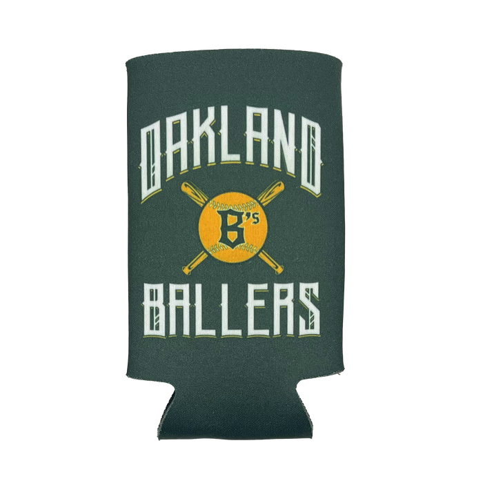 The Oakland Ballers 16oz Can Cooler, branded by the Oakland Ballers, is green and features the words "Oakland Ballers" in white, stylized text. In the center, it showcases a yellow baseball with a black letter "B's," crossed by two baseball bats. Representing a professional team from the Pioneer League, this cooler is perfect for game days.