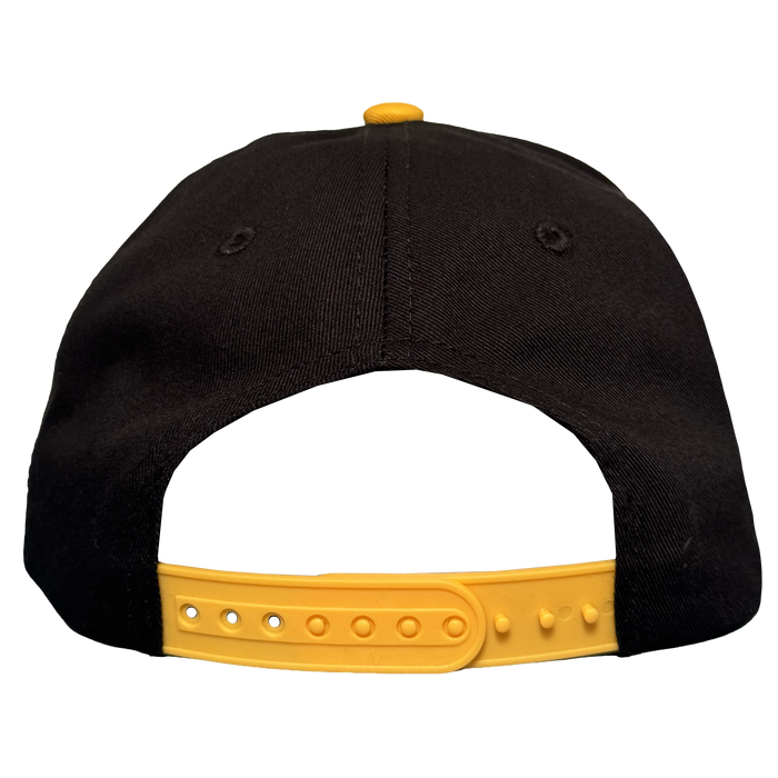 The Oakland Ballers 5 Panel Cap, by Oakland Ballers, is a black snapback hat with a yellow adjustable strap, top button, and two stitched eyelets for ventilation—shown from the back against a white background.