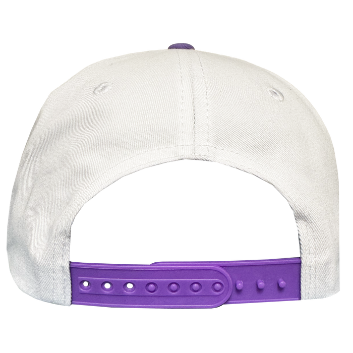 The Oakland Ballers 5 Panel Cap by Oakland Ballers is shown from the back, showcasing its distinctive purple adjustable snapback strap with multiple holes and pegs. Inspired by the Oakland Ballers team, this white cap stands out against a plain, light-colored background, drawing attention to its unique design details.