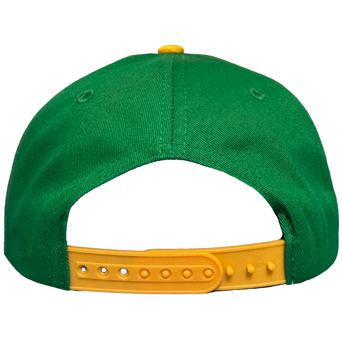 The Oakland Ballers 5 Panel Cap, in green, is shown from the back with a yellow adjustable strap with multiple holes, yellow top button, stitched eyelets on each side, and features the Oakland Ballers branding.