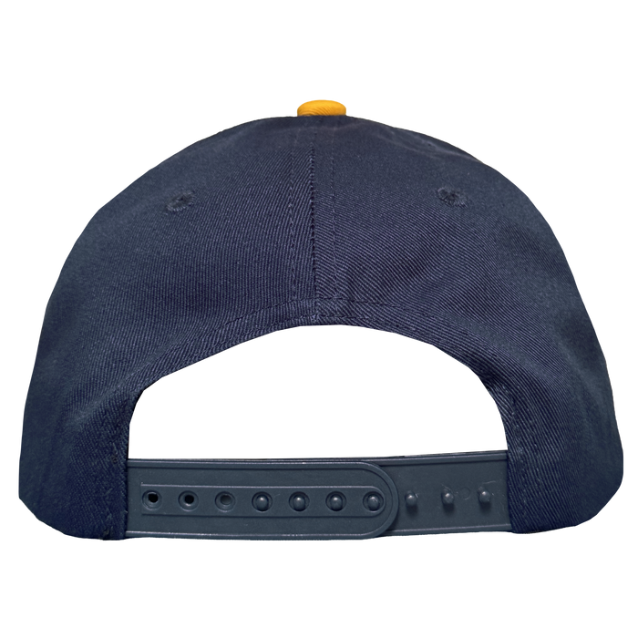 The Oakland Ballers 5 Panel Cap is a navy blue snapback with a plastic adjustable strap and yellow top button, seen from the back against a plain white background. Brand: Oakland Ballers.