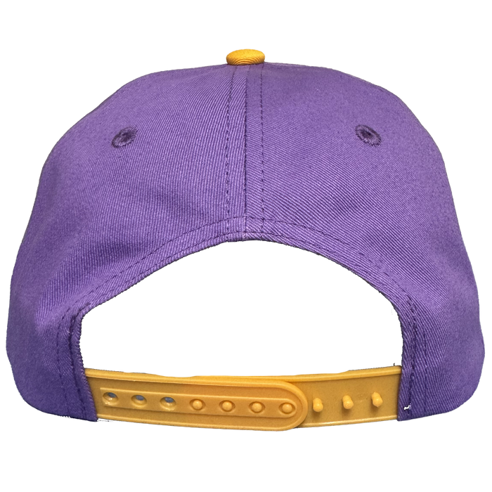 The Oakland Ballers 5 Panel Cap is displayed from the back, highlighting its vibrant purple color and a yellow adjustable snapback closure. Two small embroidered eyelets are visible on either side near the top, and the textured fabric and detailed stitching capture the energetic style of Oakland Ballers merchandise. The background is a plain light gray.