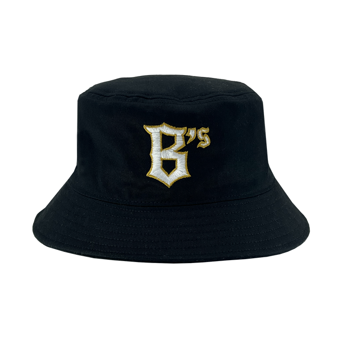 The Oakland Ballers B Bucket Hat by the Oakland Ballers features a stylish black design with embroidered yellow and white text reading "6's" in a unique font on the front. Reminiscent of a professional baseball team cap, it has visible stitching around the top and brim, adding texture and detail. The hat stands out against a plain white background, making it the focal point of the image.