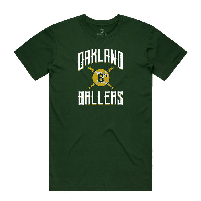 Front view of forest green t-shirt with Oakland B's Oakland Ballers logo on chest.