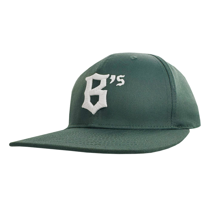 The Oakland Ballers Flexfit Cap by Oakland Ballers is a dark green baseball cap with a flat brim and bold white "6's" embroidery on the front left panel, celebrating the Pioneer League pro baseball team. Plain white background.