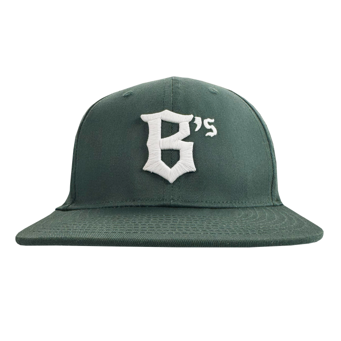 The Oakland Ballers Flexfit Cap by Oakland Ballers is a dark green flat-brim hat with a bold white embroidered "B" and raised "’s," paying tribute to the newest pro baseball team in the Pioneer League.