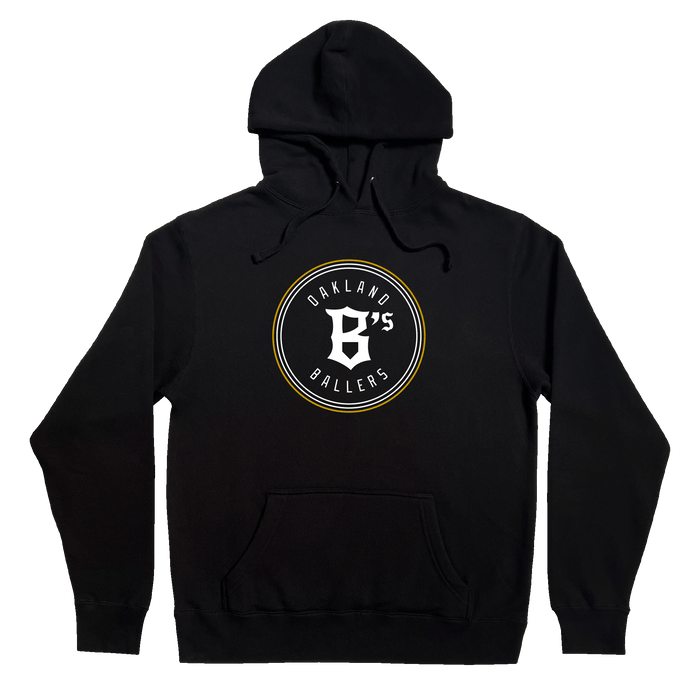 Front view of a black pullover hoodie sweatshirt with round white and gold Oakland Ballers logo and wordmark on the front chest.