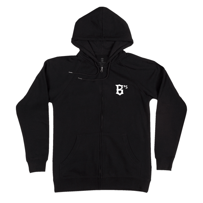 The Oakland Ballers Logo Zip is a black zip-up hoodie featuring front pockets, a drawstring hood, and a white stylized "B's" logo on the left chest, representing the Oakland Ballers baseball team. The background is plain white.