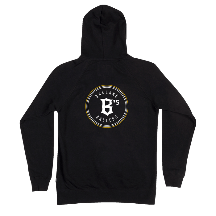 Introducing the Oakland Ballers Logo Zip by Oakland Ballers—a black hooded zip-up sweatshirt featuring a bold circular Oakland Ballers logo on the back, with "OAKLAND BALLERS" text encircling a stylized “B’s” in the center, all in striking white and gold lettering to celebrate Oakland’s newest Pioneer League baseball team.