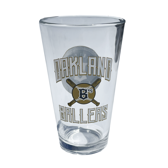 Reverse side of pint glass with Oakland Ballers baseball design.