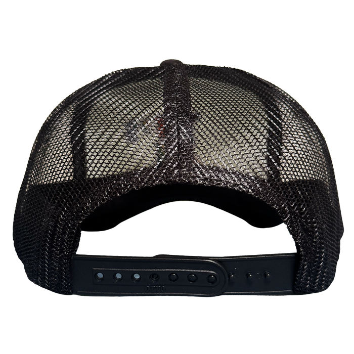 The Oakland Ballers Pride Trucker by Oakland Ballers is a black mesh hat with a curved brim and adjustable snap closure, shown from the back. Mesh allows visibility through the hat. Ideal for any Oakland Ballers fan. White background.