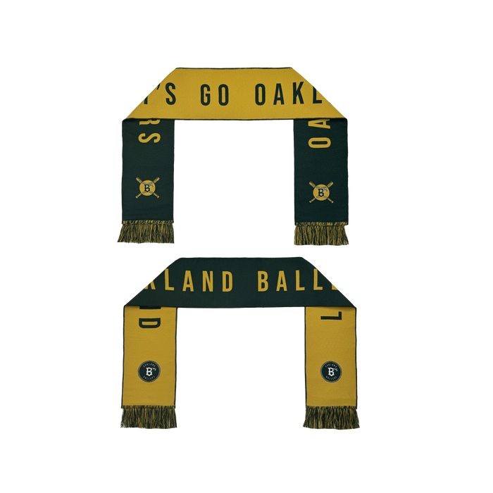 The Oakland Ballers Scarf by Oakland Ballers features green and yellow sides reading "LET'S GO OAKLAND" and "OAKLAND BALLERS," plus a round logo with a "B" and two bats, honoring Oakland's new Pioneer League baseball team.