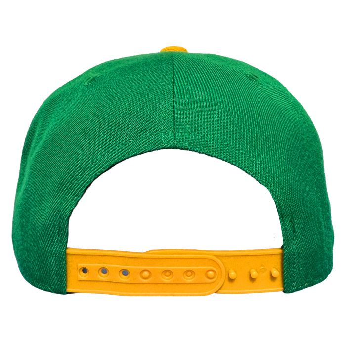 The Oakland Ballers Snapback by Oakland Ballers is a green cap shown from the back, featuring a yellow adjustable strap with multiple holes and a yellow top button, all set against a plain white background.
