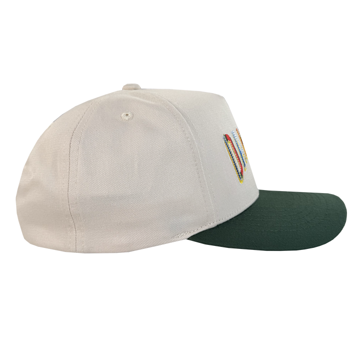 The Oakland Ballers Oakland Beisbol 5 Panel Cap is a beige snapback with a dark green curved brim, stitched eyelets, and part of a colorful embroidered front design visible from the side.