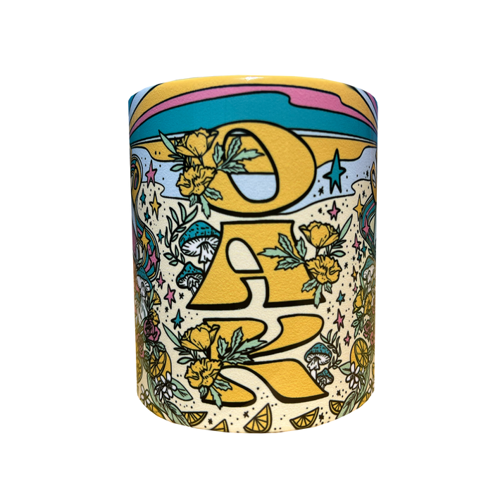 Oakland Dream mug with Oakland dream all over print, C handle , and 'OAK' text.