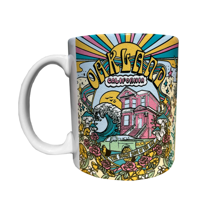 Reverse side of Oakland Dream mug with Oakland dream all over print and C handle.
