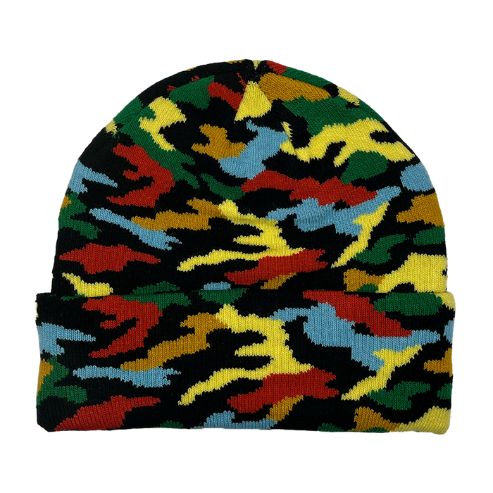 The Oakland Roots SC Camo Beanie features a colorful yellow, green, red, blue, and black camo knit design with an Oakland Roots SC patch. The beanie is shown flat on a white background.