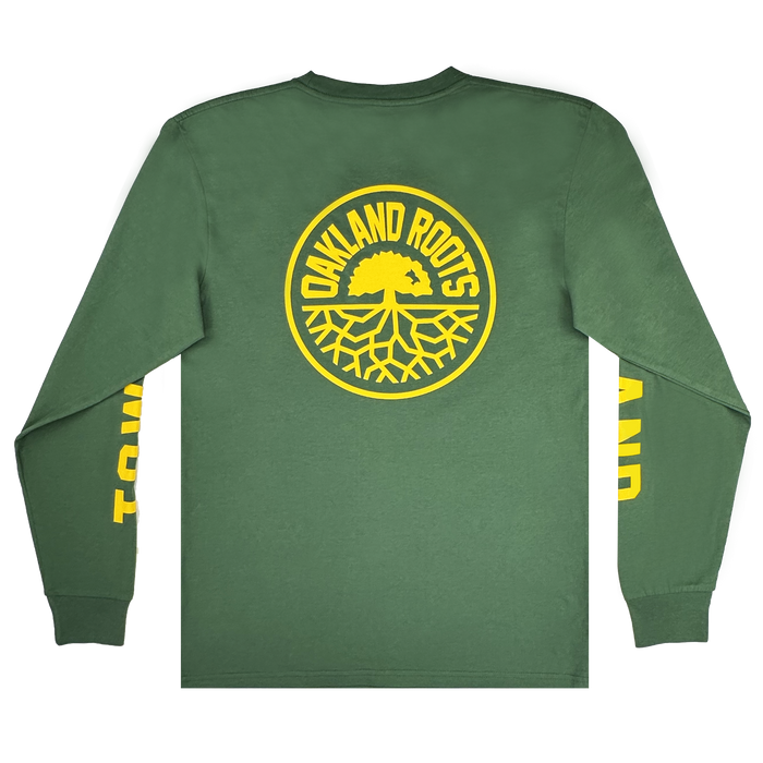 The Oakland Roots SC Classic 2.0 LS Tee features a green color, “OAKLAND ROOTS” in yellow around a tree and roots emblem on the back, and bold yellow text down the left sleeve, embodying the nature-inspired style of Oakland Roots SC.