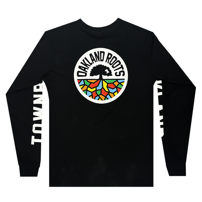 This Oakland Roots SC Classic 2.0 LS Tee by Oakland Roots SC features the club's logo on the back, showcasing a black tree with spreading roots against a multi-colored geometric background within a white circle, and has "TOWNBIZ" printed in white capital letters along both sleeves.