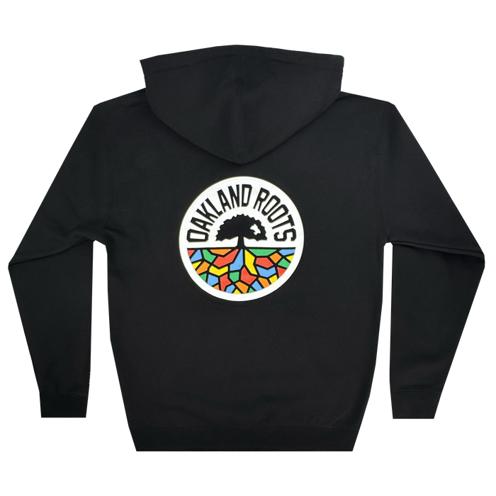 The Oakland Roots SC Classic Hoodie from Oakland Roots SC features the "Oakland Roots Sports Club" logo on the back. The design is similar to an Oaklandish pullover, showcasing a black tree silhouette in a white circle with colorful geometric shapes and "OAKLAND ROOTS" arching above.