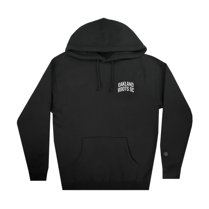 The Oakland Roots SC Classic Hoodie by Oakland Roots SC features a black color, front pocket, drawstring hood, and "Oakland Roots SC" printed in white on the left chest. It's perfect for merging style with your favorite sports club vibe during casual outings or cheering at games.