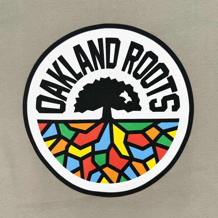 The Oakland Roots SC Classic Hoodie features a logo with "Oakland Roots SC & Soul" around a stylized tree. Below, vibrant geometric shapes in red, yellow, green, and blue form the ground against a neutral background, similar to an Oaklandish pullover.