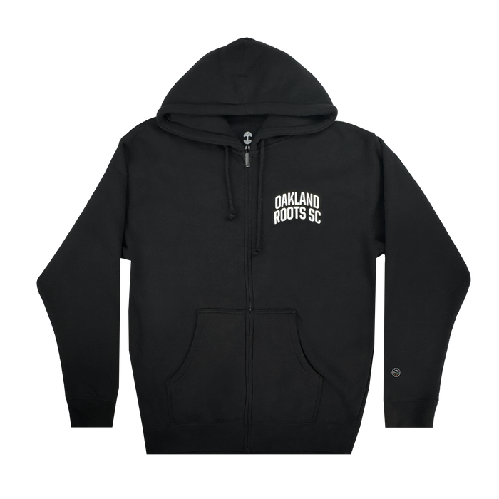 The Oakland Roots SC Classic Zip Hoodie by Oakland Roots SC features a black color with a zip-up design, front pocket, and hood. "OAKLAND ROOTS SC," inspired by the club's social good commitment, is printed in white on the left chest. The hoodie is displayed flat on a plain white background.