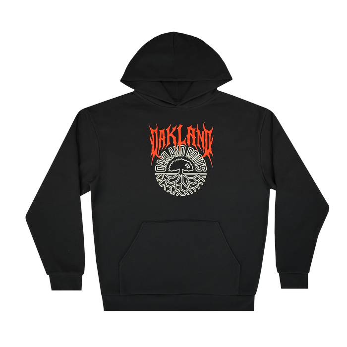 The Oakland Roots SC Forge Hoodie by Oakland Roots SC is a black hoodie with a front pocket, featuring bold red “OAKLAND” spiky text above a flame-like circular graphic reading “OAKLAND ROOTS”—a stylish nod to team pride.