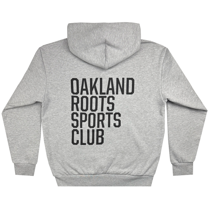 The Oakland Roots SC Heavy Hoodie by Oakland Roots SC is a gray hoodie featuring the bold "OAKLAND ROOTS SPORTS CLUB" print on the back. It includes a hood and long sleeves, offering a simple, casual design perfect for cool weather.