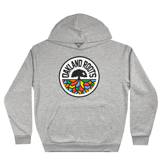 Introducing the Oakland Roots SC Heavy Hoodie by Oakland Roots SC – a gray hoodie showcasing a distinct circular logo on the front. The emblem depicts a tree above vibrant geometric shapes, encircled by bold "OAKLAND ROOTS" text, symbolizing this unique sports club. Ideal for social good advocates, this hoodie features a front pocket and drawstring hood.