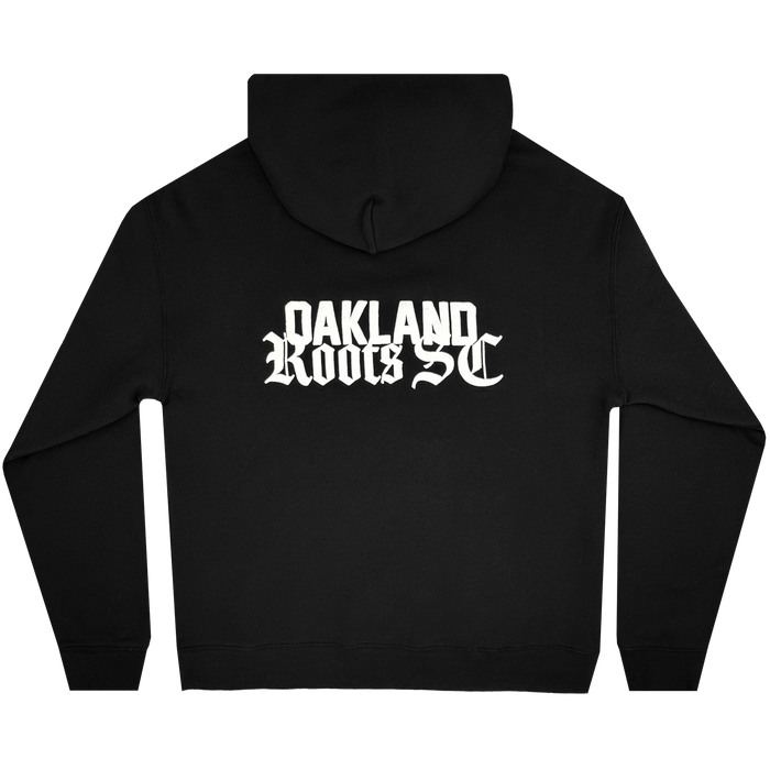 The Oakland Roots SC Logo Premium Hoodie by Oakland Roots SC features bold white Old English-style "OAKLAND ROOTS SC" text across the upper back, shown here in black midweight fleece against a white background.