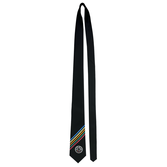 The Oakland Roots SC Tie by Oakland Roots SC is a black necktie adorned with stripes in blue, yellow, green, and red near the pointed end. Below these stripes is a circular logo showcasing an Oakland Roots-inspired tree above wavy lines against a dark background. The tie is displayed against a simple white backdrop.