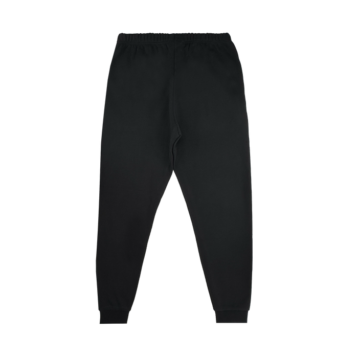 The Oakland Roots SC University Pant, a pair of plain black men’s sweatpants, features an elastic waistband and ankle cuffs, soft loose-fitting fabric for classic comfort, and a logo-free design. Displayed on a white background.