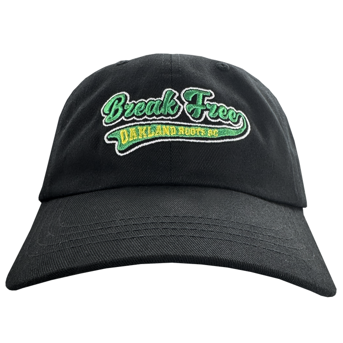 The Oakland Roots SC X Break Free Hat by Oakland Roots SC is a black dad cap featuring “Break Free” embroidered in green and white above “Oakland Roots SC” in yellow, with a green underline on the front.