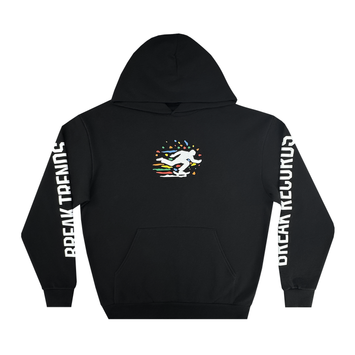 The Oakland Roots SC X Break Free Hoodie by Oakland Roots SC is a black heavyweight hoodie with a vibrant running figure and confetti graphic on the chest, plus bold white “BREAK TRENDS” and “BREAK RECORDS” text down the sleeves.