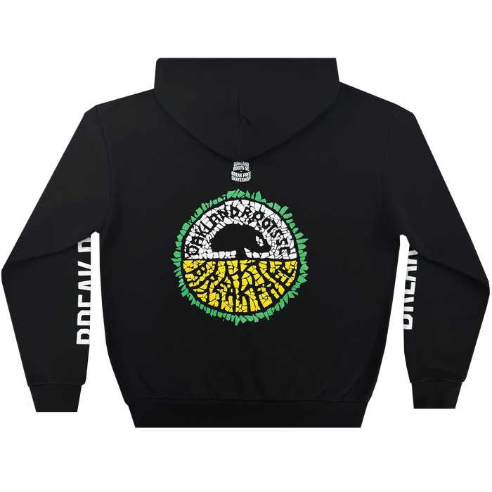 The Oakland Roots SC X Break Free Hoodie by Oakland Roots SC is a black men's pullover with a large circular mosaic sunset on the back in green, yellow, white, and black. "DREAMY" is boldly printed down both sleeves for a standout look.