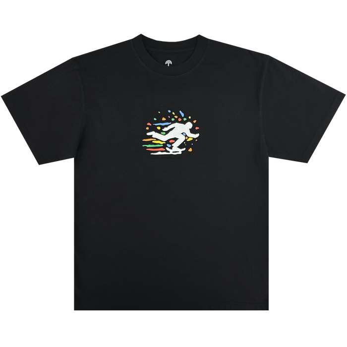 The Oakland Roots SC X Break Free Tee is a classic fit black t-shirt featuring a central white skateboarder silhouette with vibrant streaks, reflecting Oakland culture and creativity. The plain background ensures a bold, standout look.