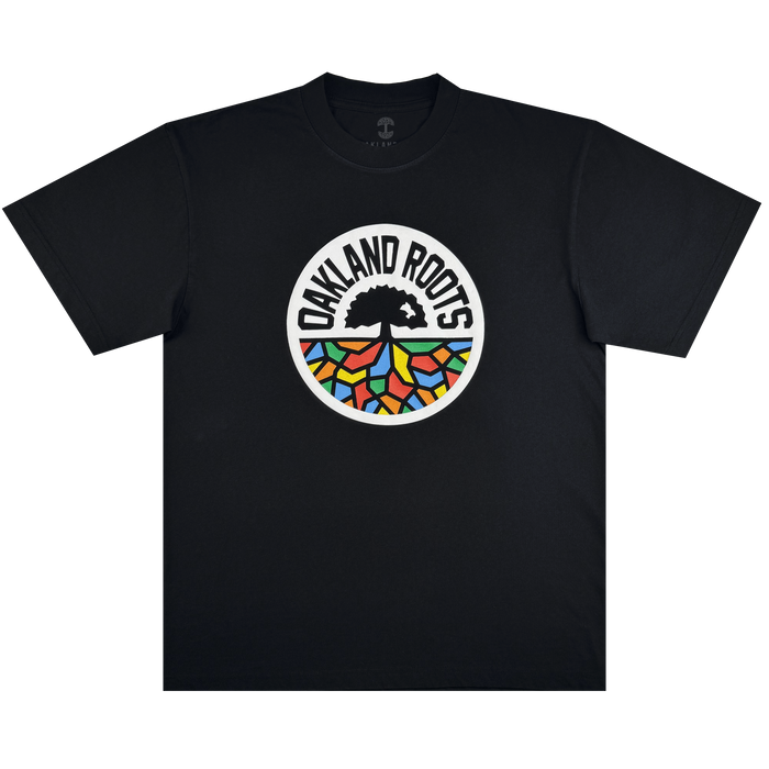 The Oakland Roots SC X Oaklandish Bootleg Tee by Oaklandish is a black shirt featuring a round club logo, bold lettering, a black tree silhouette, and vibrant mosaic roots in red, blue, orange, yellow, and green.