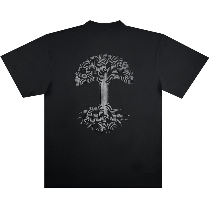 The Oakland Roots SC X Oaklandish Bootleg Tee by Oaklandish is a black t-shirt with a white, stylized tree design on the back—symmetrical branches and roots form a circular pattern that nods to Oakland Roots.
