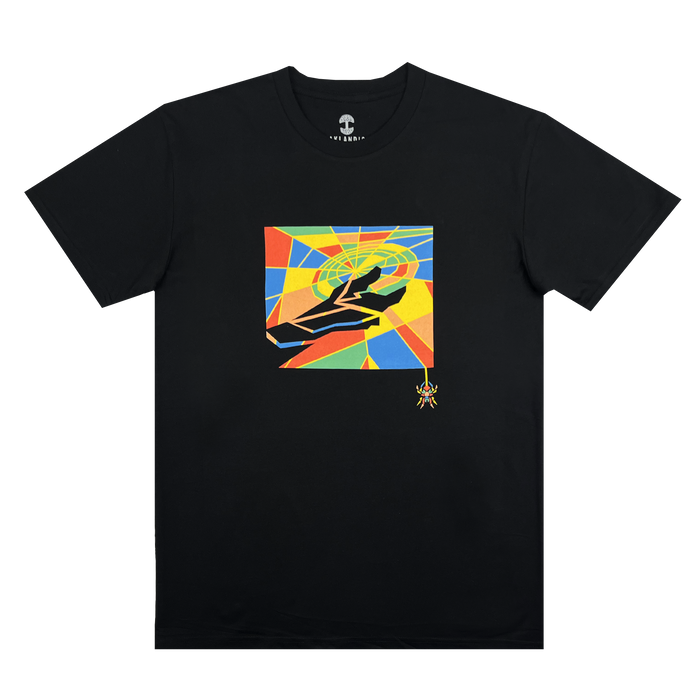 The Oakland Spiders Mosaic Tee by Supported Brands is a black T-shirt, featuring a colorful, abstract design on the chest. The design showcases geometric shapes in red, yellow, green, and blue that create a dynamic background for a stylized image of a person with outstretched arms. A small yellow spider at the bottom right pays homage to the Oakland Spiders Ultimate Frisbee team.
