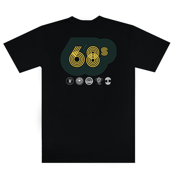 The Oaklandish '68 Tee is a black shirt with large "68s" in stylized yellow and teal text, circled in teal. It features six detailed white logos inspired by sports culture, paying homage to Oakland's vibrant history and civil rights legacy.