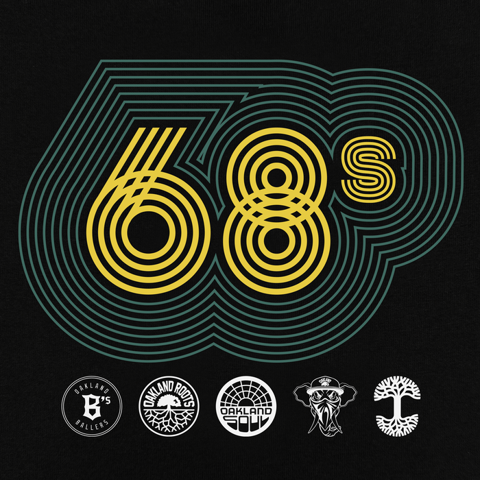 The Oaklandish "Oakland Sports Culture '68 Tee" features bold interlocking yellow and blue "68s" on a black backdrop, surrounded by five white logos: a tree, shield, intricate design, pirate skull, and a circular emblem with "Oakland," reminiscent of sports team branding.
