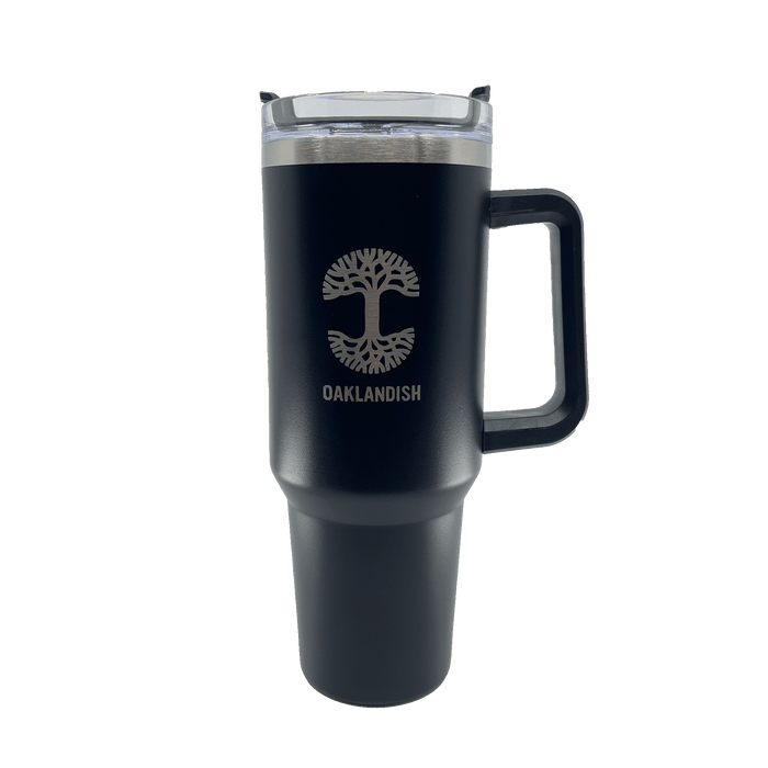 Black double walled 40-oz stainless steel travel drink tumbler with silver Oaklandish log and wordmark and airtight lid.