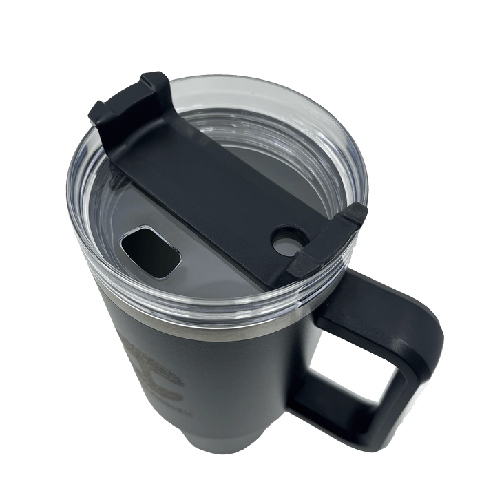 View from above of airtight lid on a black double walled 40-oz stainless steel travel drink tumbler.