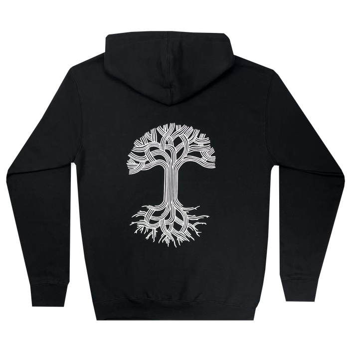 The Oaklandish Classic Hoodie, designed by Oaklandish, is presented in a men's black fit. It features a detailed white tree design on the back, with intertwined branches and roots stretching from top to bottom. Inspired by Oakland roots, this flat-laid hoodie includes a hood and long sleeves to showcase the intricate pattern clearly.