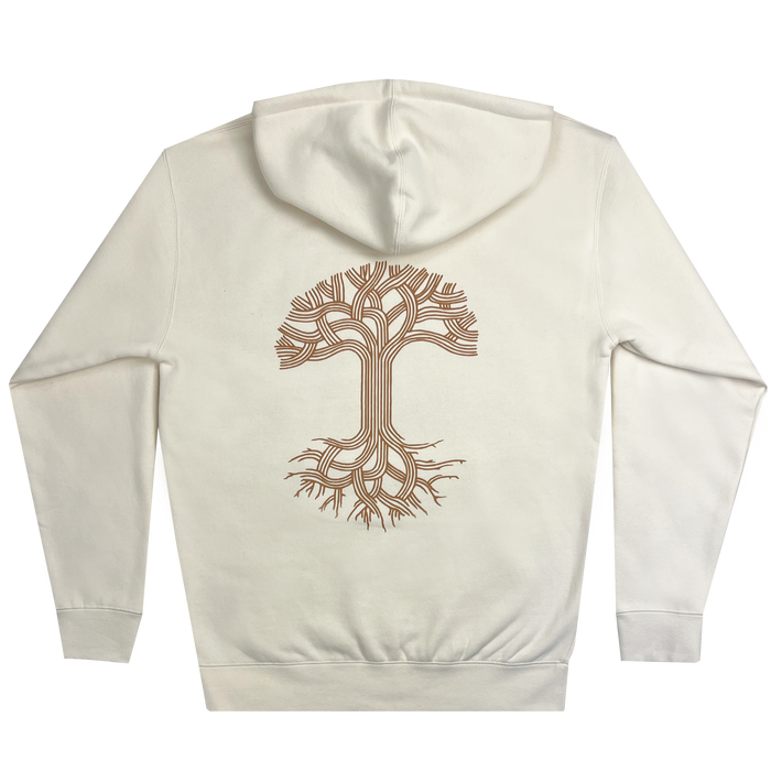 The Oaklandish Classic Hoodie by Oaklandish is a white pullover featuring a minimalist tree design on the back. The tree showcases simple, flowing brown lines that form an abstract, symmetrical pattern with its trunk, branches, and roots. The branches stretch outward at the top while the roots extend downward at the bottom, providing a stylish men's fit.