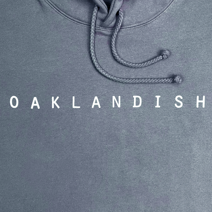 Detail front view of Premium pullover Hoodie - Classic Oaklandish, Storm blue.